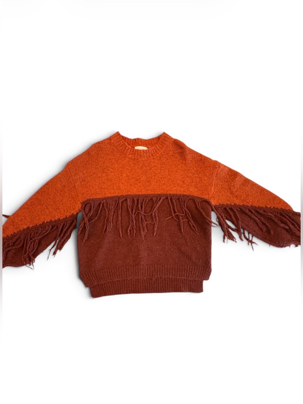 Dreamers Two-Tone Fringe Crewneck Sweater - Orange & Maroon